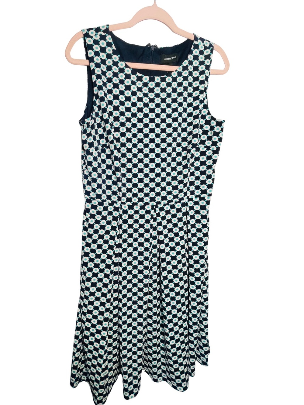 Liz Claiborne sleeveless A-line dress | navy blue white and teal geometric